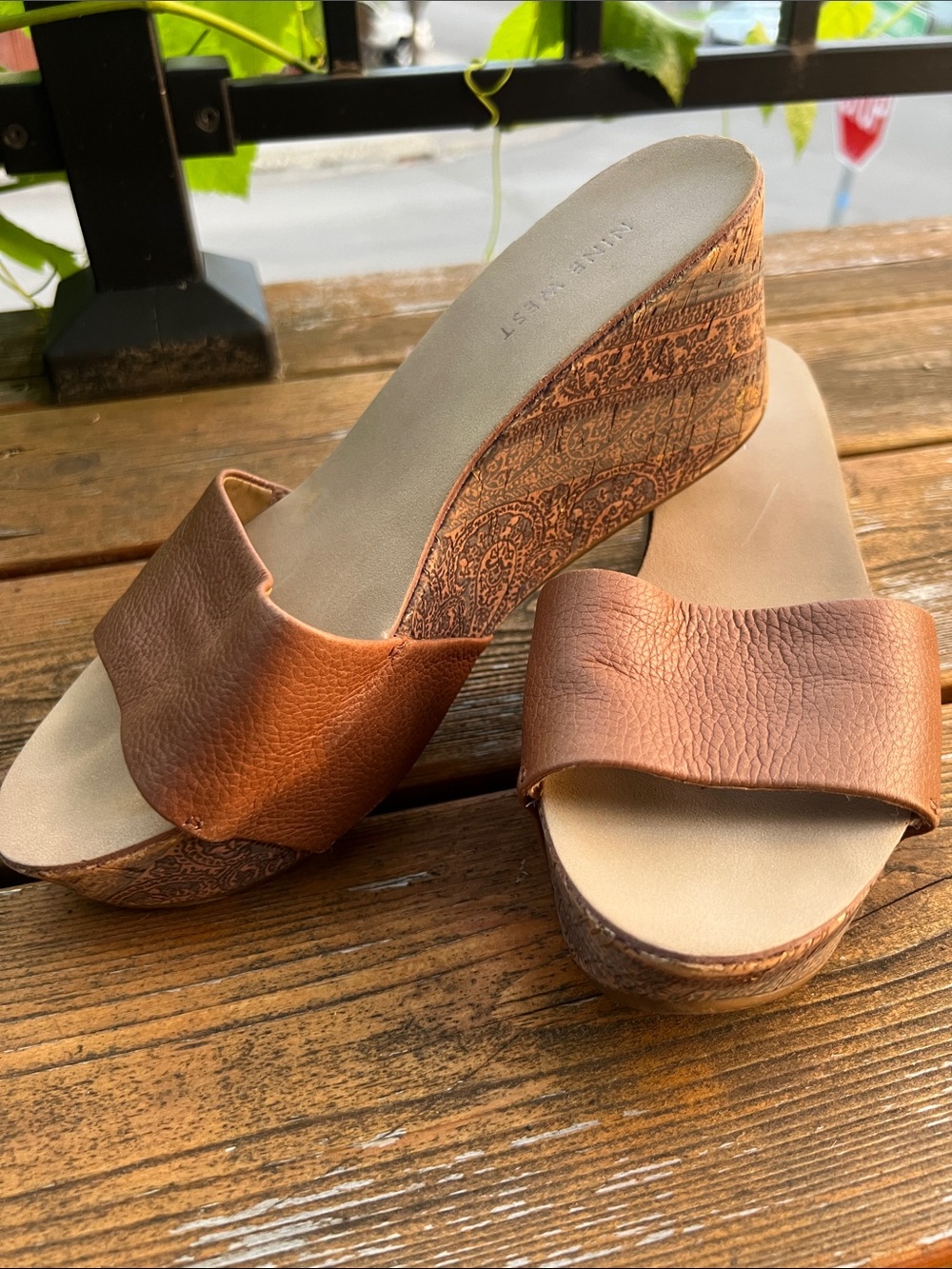 Nine West Brown Leather Cork-Pattern Wedge Slide Sandals